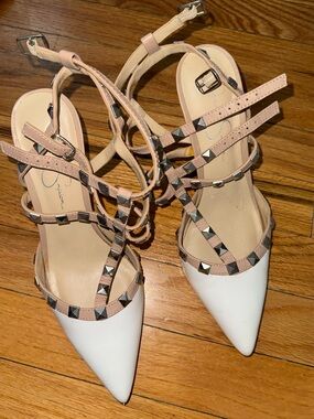 Jessica Simpson Studded Pointed-Toe Ankle Strap Pumps - White & Blush